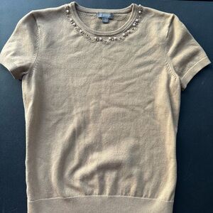 Ann Taylor Tan Embellished Fitted T-Shirt